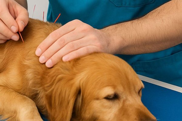 clinica-veterinaria-acupuntura-quarteira Cachorro na mesa porte médio sendo tratado com agulhas de acupuntura