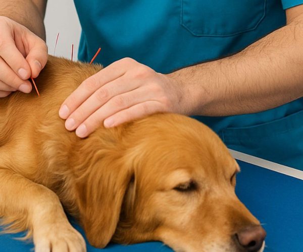 clinica-veterinaria-acupuntura-quarteira Veterinário a aplicar agulhas de acupuntura num cão durante sessão terapêutica na Clínica Veterinária Fonte Santa em Quarteira.